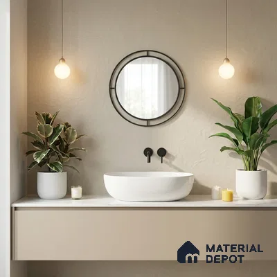 Minimalist bathroom with beige matte vanity, white countertop, and textured beige wall