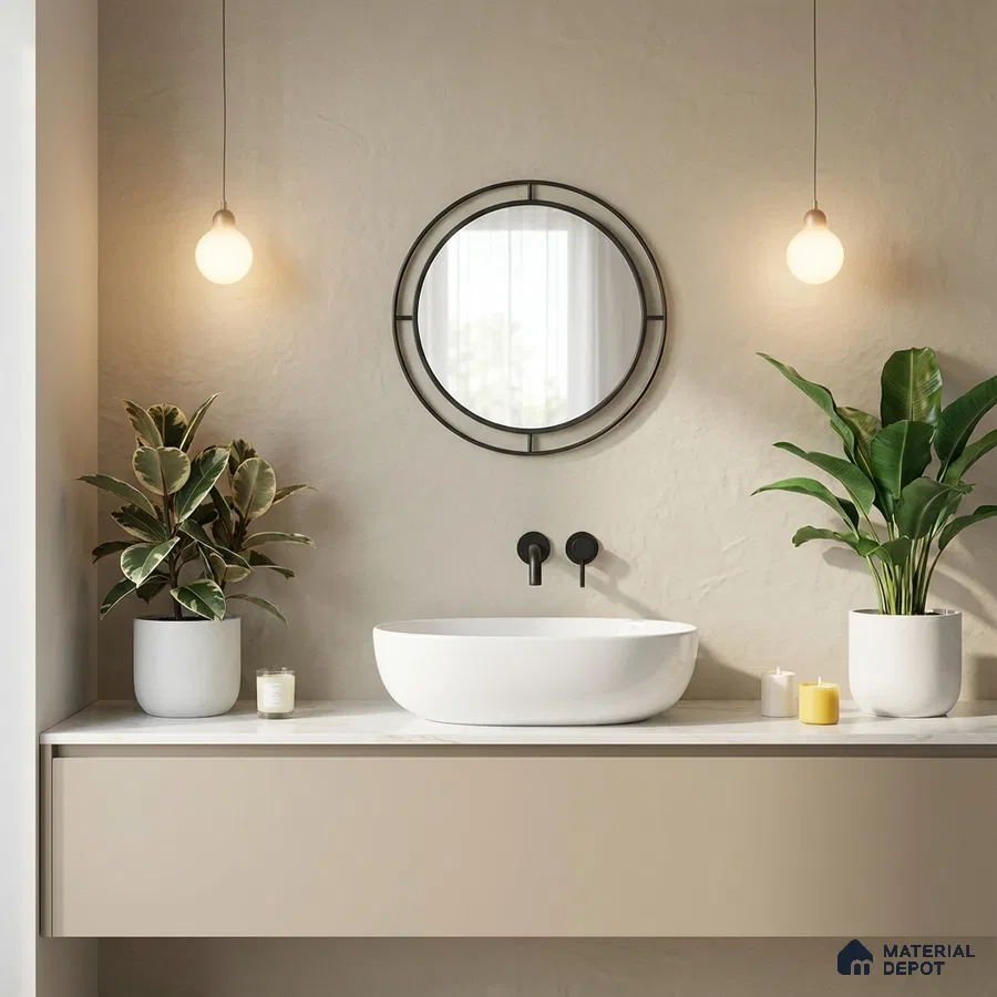 Minimalist bathroom with beige matte vanity, white countertop, and textured beige wall