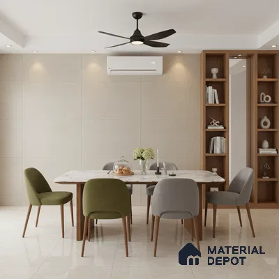 Scandinavian dining room with beige large format tiles, marble dining table, and wooden shelving