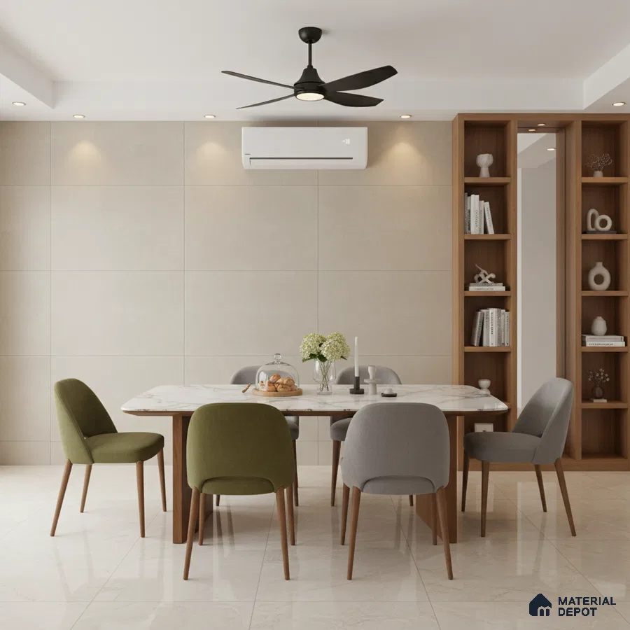 Scandinavian dining room with beige large format tiles, marble dining table, and wooden shelving