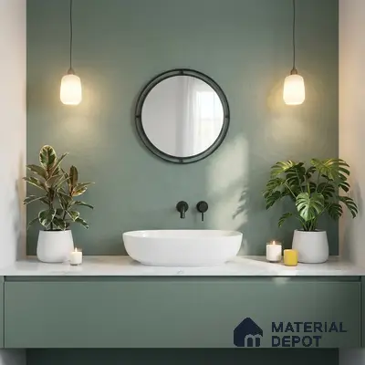 Scandinavian bathroom with sage green laminate vanity and white marble countertop