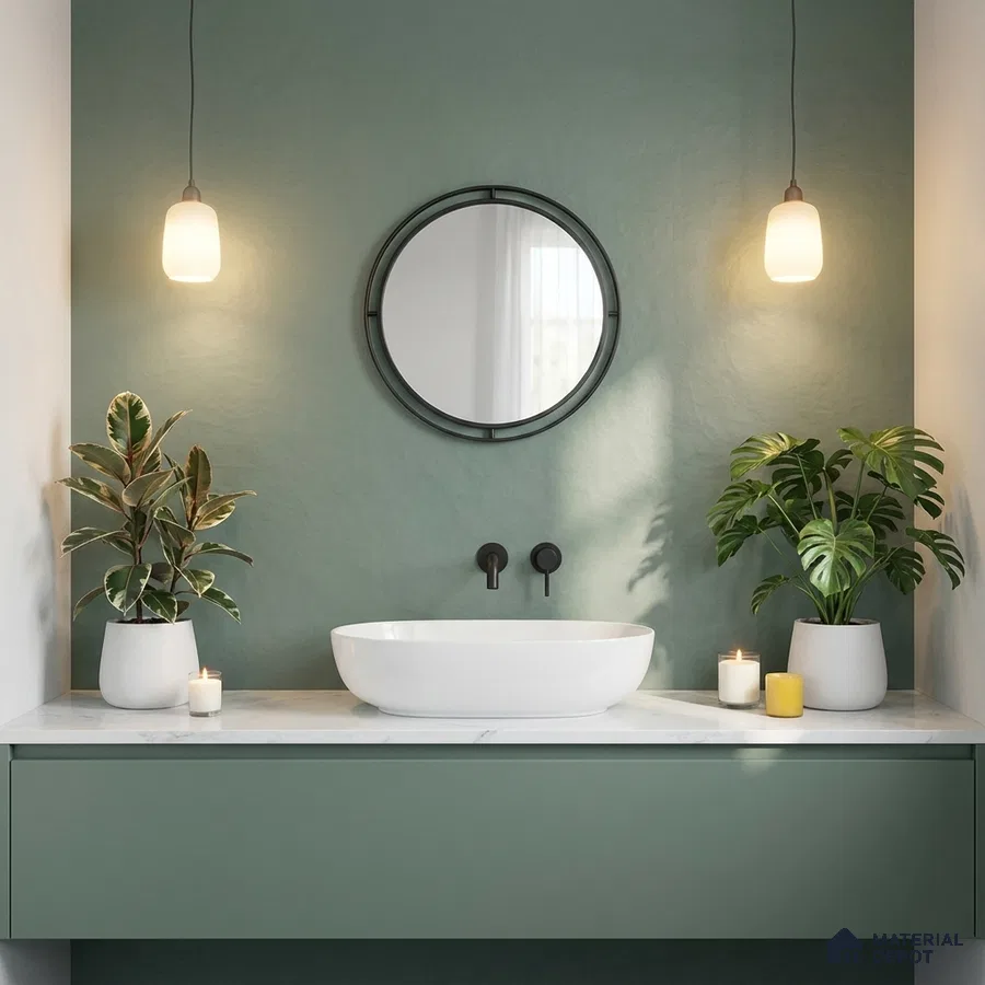 Scandinavian bathroom with sage green laminate vanity and white marble countertop