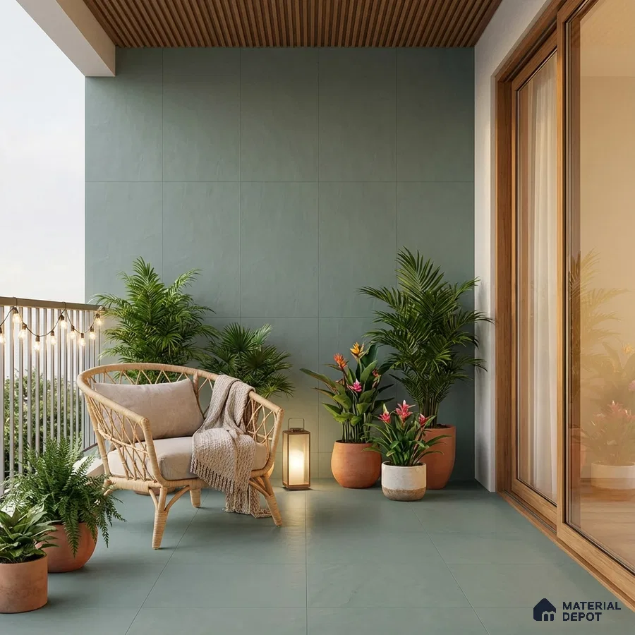 Scandinavian balcony with sage green floor tiles, rattan chair, and wooden ceiling louvers