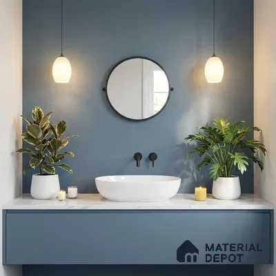 Minimalist bathroom with matte blue vanity, white marble countertop, and blue painted accent wall
