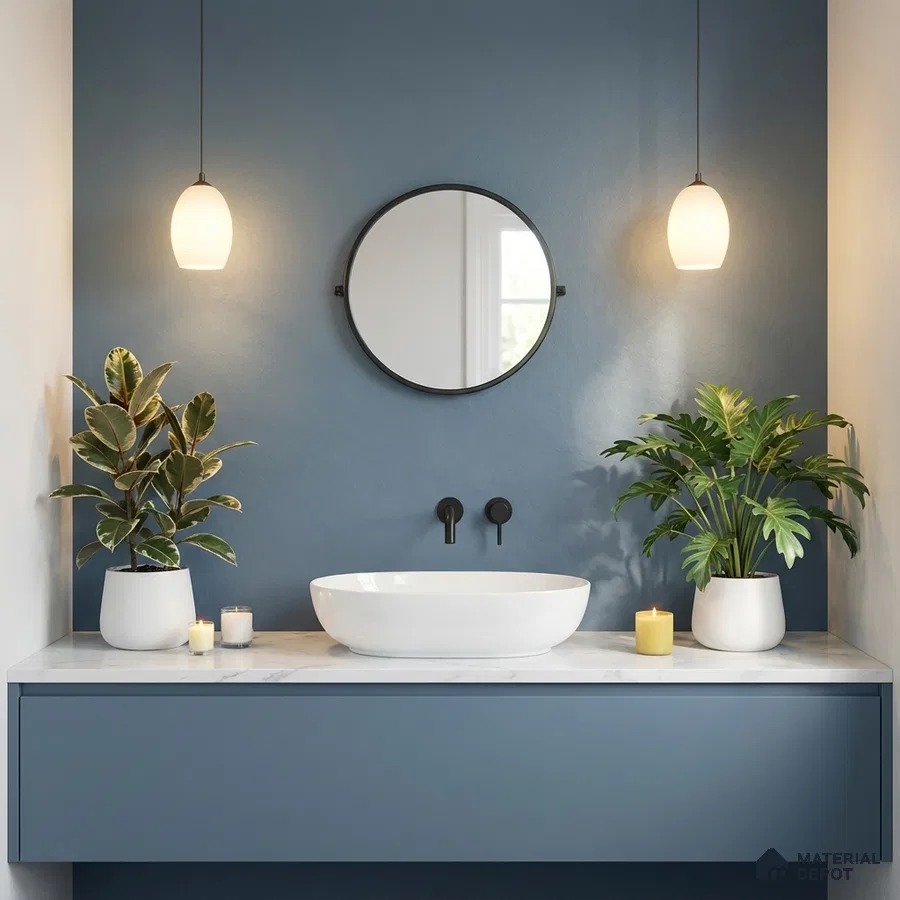 Minimalist bathroom with matte blue vanity, white marble countertop, and blue painted accent wall