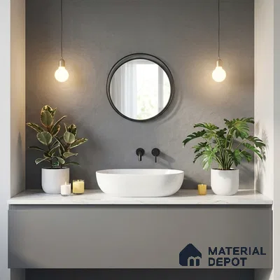 Minimalist bathroom with matte grey vanity, white marble countertop, and textured grey wall