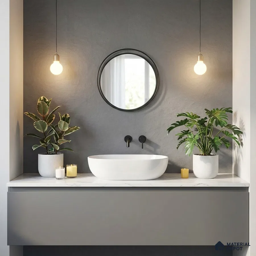 Minimalist bathroom with matte grey vanity, white marble countertop, and textured grey wall