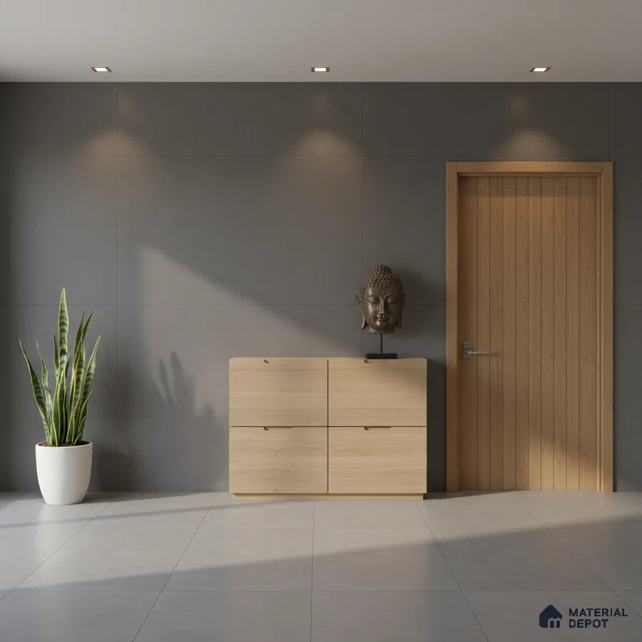 Minimalist foyer with light oak laminate console, grey matte wall panels, and large format light grey floor tiles