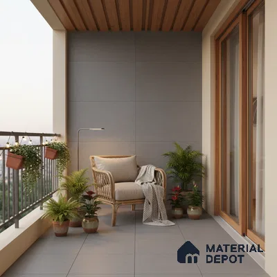 Scandinavian balcony with grey floor tiles, wood slat ceiling, and rattan chair