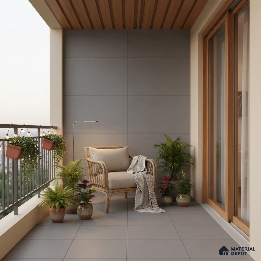 Scandinavian balcony with grey floor tiles, wood slat ceiling, and rattan chair