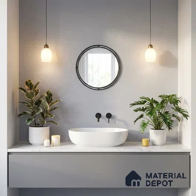 Minimalist bathroom with matte grey vanity, white marble countertop, and soft grey wall paint