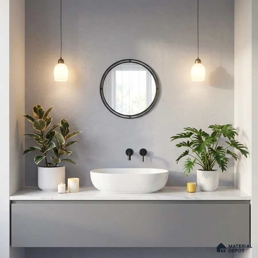 Minimalist bathroom with matte grey vanity, white marble countertop, and soft grey wall paint