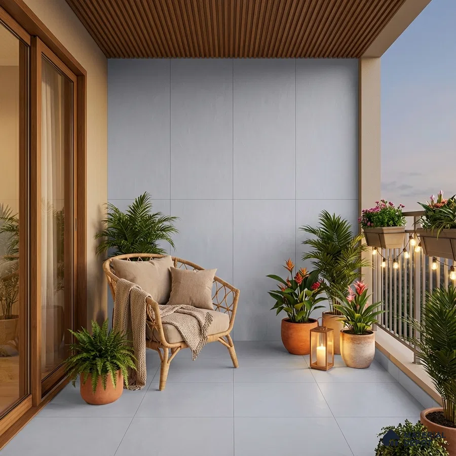 Scandinavian balcony with light grey floor tiles, wooden louver ceiling, and rattan furniture