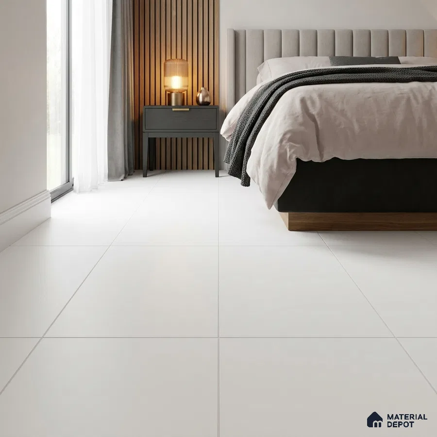 Minimalist Bedroom with Snow White Matte Floor Tile