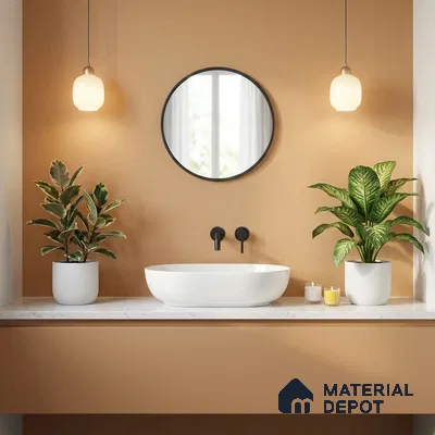 Minimalist bathroom with matte beige vanity, white marble countertop, and warm beige wall paint
