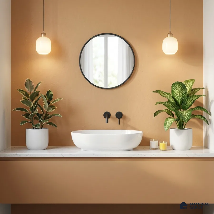 Minimalist bathroom with matte beige vanity, white marble countertop, and warm beige wall paint