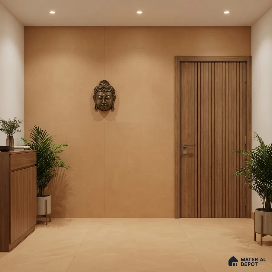 Modern foyer with beige wall tiles, wooden laminate door, and minimalist decor