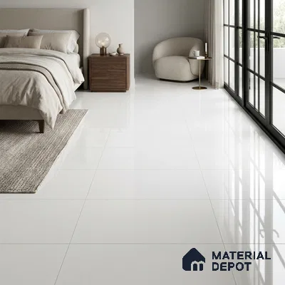 Minimalist Bedroom with Glossy Snow White Floor Tile