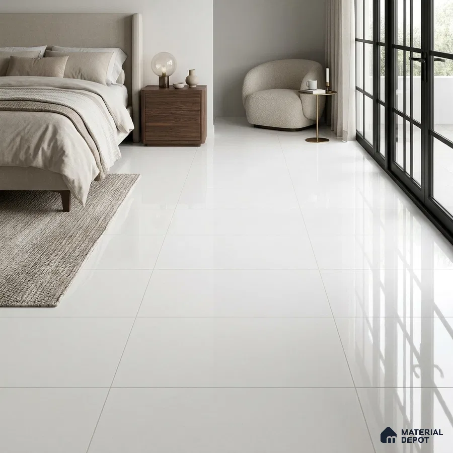 Minimalist Bedroom with Glossy Snow White Floor Tile