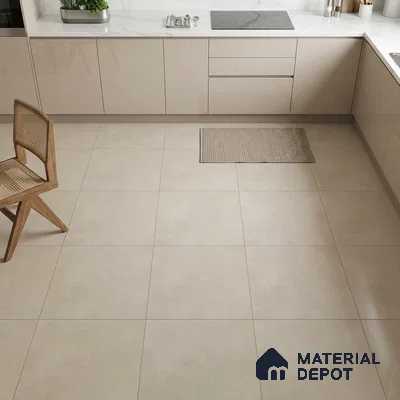 Minimalist kitchen with beige matte laminate cabinets, white marble-look quartz countertop, and large beige floor tiles