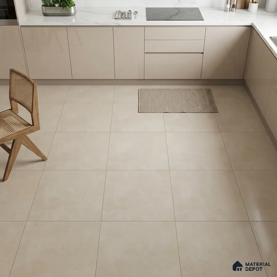 Minimalist kitchen with beige matte laminate cabinets, white marble-look quartz countertop, and large beige floor tiles