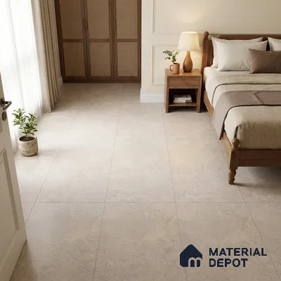 Traditional Bedroom with Cream Stone-Look Floor Tile