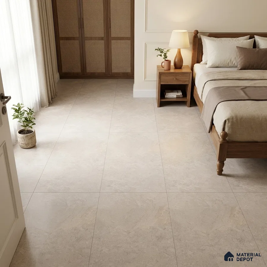 Traditional Bedroom with Cream Stone-Look Floor Tile
