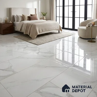 Modern Bedroom with Glossy White Statuario Marble-Look Floor Tile