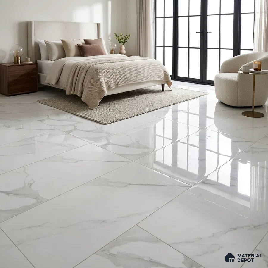 Modern Bedroom with Glossy White Statuario Marble-Look Floor Tile