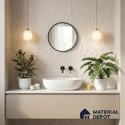 Minimalist bathroom with textured off-white wall, matte beige vanity, and white countertop