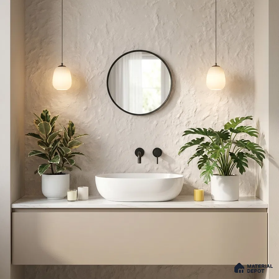 Minimalist bathroom with textured off-white wall, matte beige vanity, and white countertop