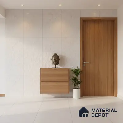 Minimalist foyer with white textured wall tiles, light oak laminate console, and large format floor tiles