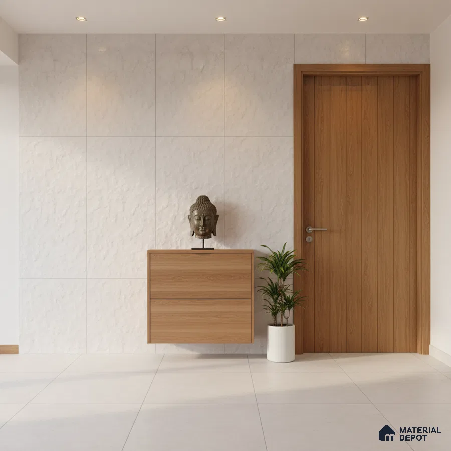 Minimalist foyer with white textured wall tiles, light oak laminate console, and large format floor tiles