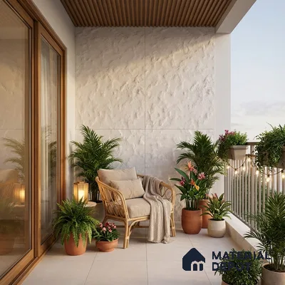 Scandinavian balcony with textured white wall, wooden louver ceiling, and beige floor tiles