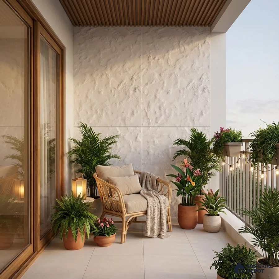 Scandinavian balcony with textured white wall, wooden louver ceiling, and beige floor tiles
