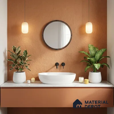 Minimalist bathroom with terracotta wall, matte terracotta laminate vanity, and white marble countertop