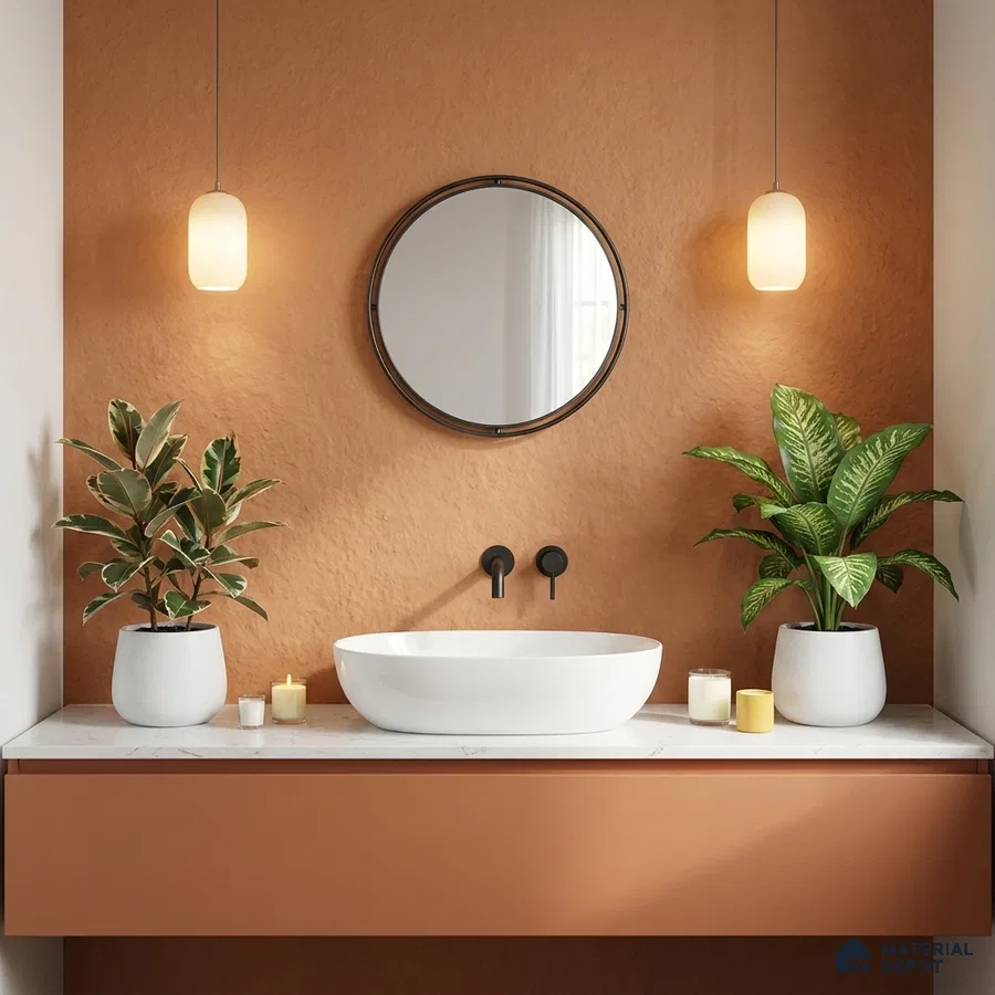 Minimalist bathroom with terracotta wall, matte terracotta laminate vanity, and white marble countertop