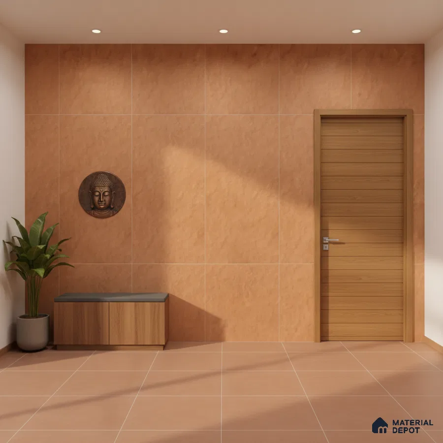 Minimalist foyer with terracotta wall tiles, terracotta floor tiles, and light oak wood door