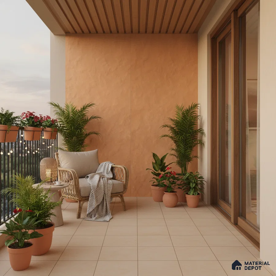 Scandinavian balcony with terracotta textured wall, beige floor tiles, and wooden ceiling panels