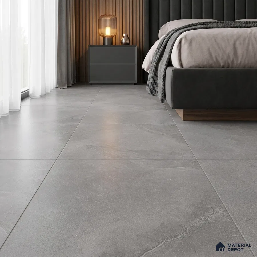 Industrial Bedroom with Grey Stone-Look Matte Floor Tile