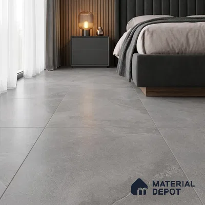 Industrial Bedroom with Grey Stone-Look Matte Floor Tile