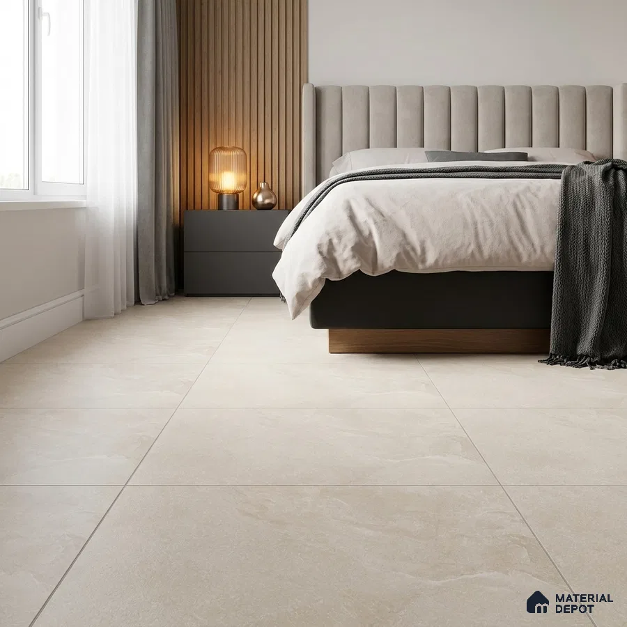 Modern Bedroom with Cream Stone-Look Matte Floor Tile