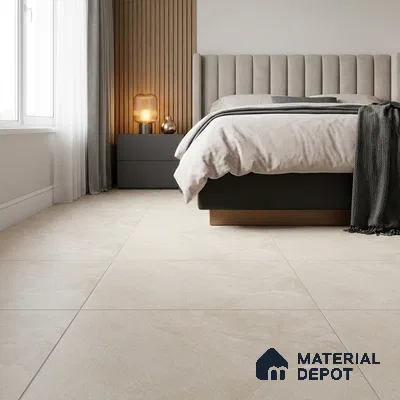 Modern Bedroom with Cream Stone-Look Matte Floor Tile