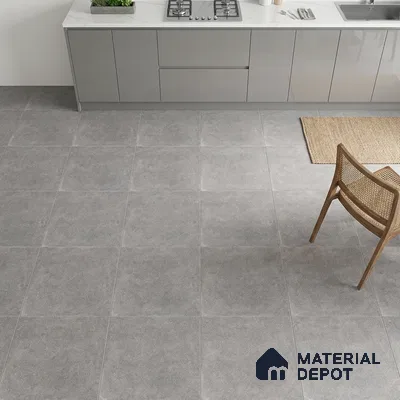 Minimalist kitchen with grey high gloss laminate cabinets and light grey stone floor tiles