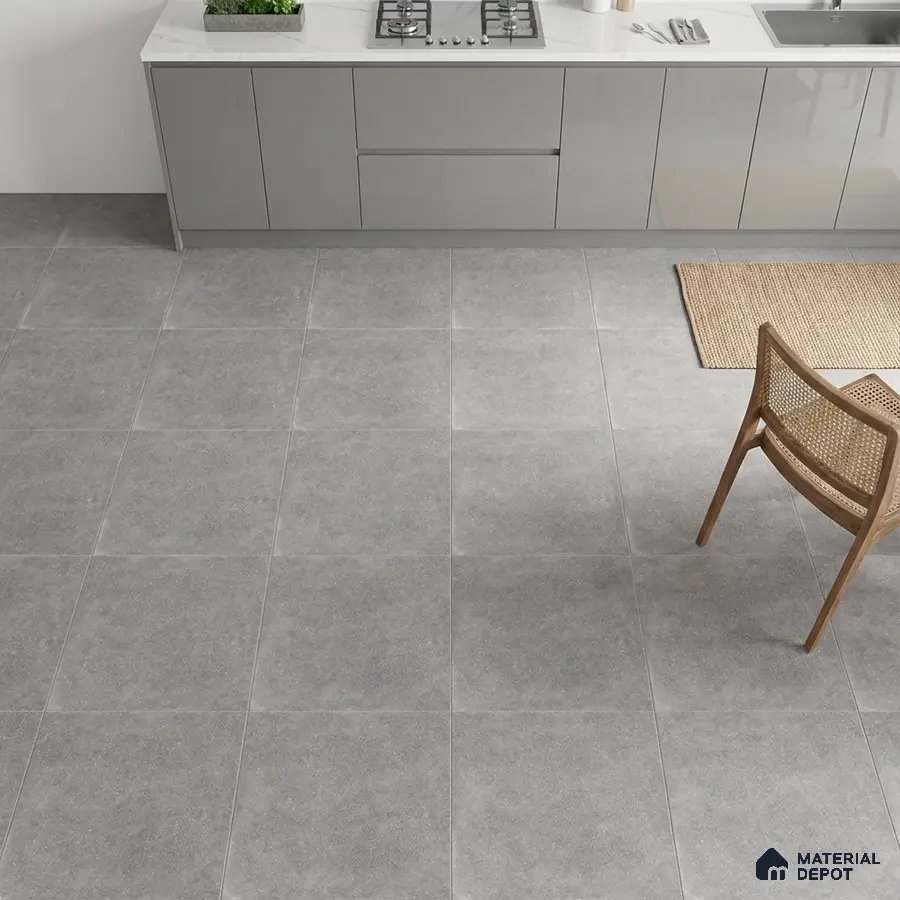 Minimalist kitchen with grey high gloss laminate cabinets and light grey stone floor tiles
