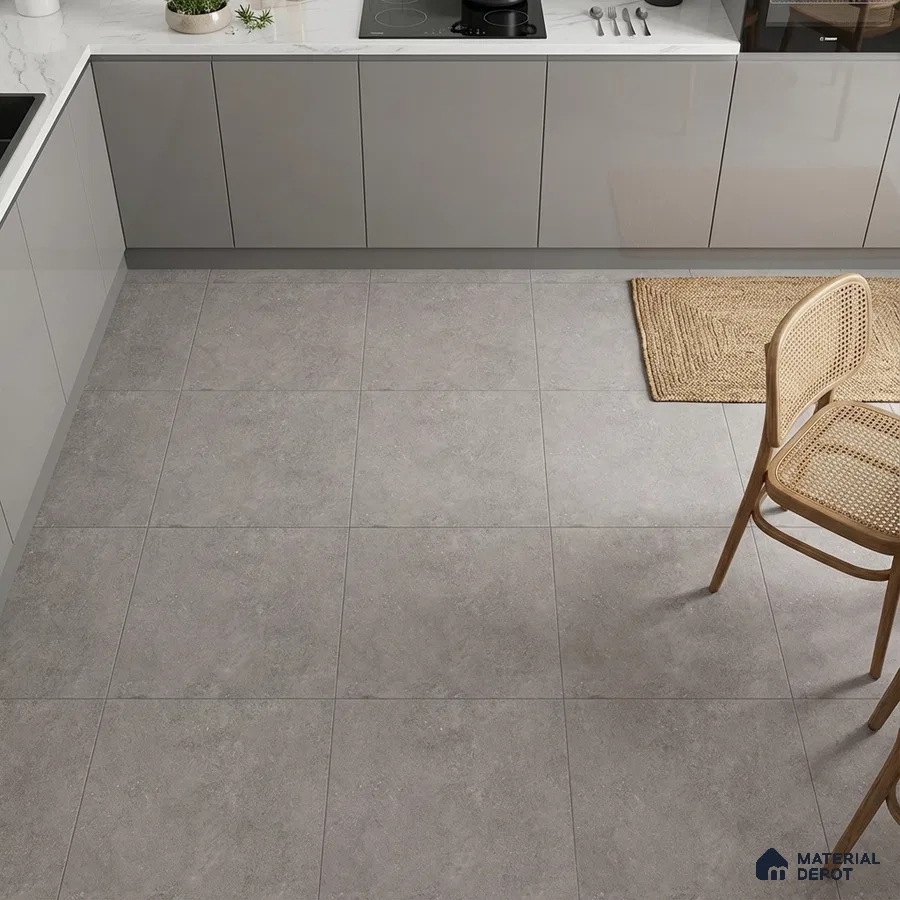 Minimalist kitchen with grey matte laminate cabinets and light grey stone-look floor tiles