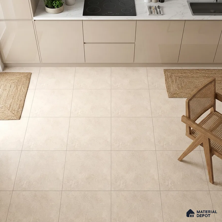 Modern kitchen with beige glossy laminate cabinets, white marble countertop, and cream stone-look floor tiles