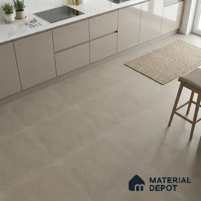 Modern kitchen with glossy beige laminate cabinets, white marble-look quartz countertop, and matte taupe floor tiles