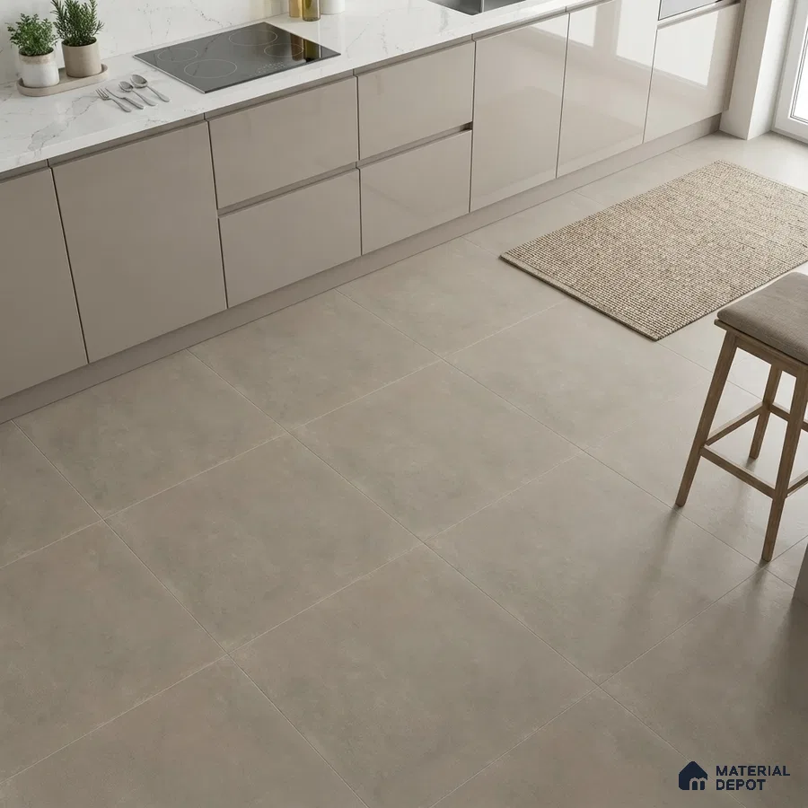 Modern kitchen with glossy beige laminate cabinets, white marble-look quartz countertop, and matte taupe floor tiles