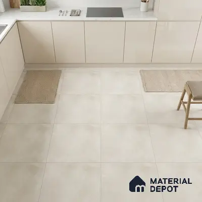 Minimalist kitchen with frosty white laminate cabinets and matte ivory floor tiles